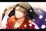  blurry brown_hair depth_of_field grin holiday-jin japanese_clothes letterboxed male_focus mutsu-no-kami_yoshiyuki petals smile solo touken_ranbu yellow_eyes 