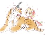  2016 blonde_hair blush clothed clothing cute duo feline female feral fur giraffe_(artist) green_eyes hair human japanese lam-chan male mammal open_mouth orange_fur poniko simple_background tiger white_fur 