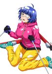  black_gloves blue_hair eyepatch gloves green_eyes ikkitousen kneeling looking_at_viewer medical_eyepatch mole mole_under_mouth open_mouth ryomou_shimei short_hair skis snow solo white_background 