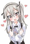  :d bandages blush boko_(girls_und_panzer) crossed_arms dress_shirt girls_und_panzer grey_eyes grey_hair hair_between_eyes hair_ribbon hairband head_tilt heart heart-shaped_pupils hibimegane holding image_sample long_hair looking_at_viewer open_mouth pixiv_sample pleated_skirt ribbon shimada_arisu shirt side_ponytail simple_background skirt smile solo stuffed_animal stuffed_toy suspender_skirt suspenders symbol-shaped_pupils teddy_bear white_background white_shirt 