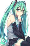  detached_sleeves green_eyes green_hair hands_on_lap hatsune_miku highres long_hair looking_at_viewer necktie otokuyou simple_background sitting skirt solo thighhighs twintails very_long_hair vocaloid white_background 