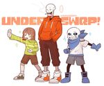  ambiguous_gender animated_skeleton band-aid bandage bandanna blue_eyes bone boots brown_hair candy chara_(undertale) child chocolate cigarette clothed clothing ellipses english_text family food food_in_mouth footwear fully_clothed gloves group hair hoodie human male mammal not_furry open_mouth pants papyrus_(underswap) papyrus_(undertale) pose sans_(underswap) sans_(undertale) shoes shoulderpads sibling signature simple_background size_difference skeleton smile smoke smoking sneakers sparkles stripes sweater teeth text undead underswap undertale video_games white_background yellow_eyes young 