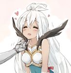  ahoge armor blush chin_tickle closed_eyes dark_skin granblue_fantasy heart long_hair open_mouth out_of_frame peko petting simple_background solo_focus wavy_mouth white_hair zooey_(granblue_fantasy) 