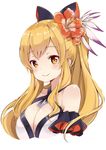  bare_shoulders blonde_hair blush bow breasts cleavage flower granblue_fantasy hair_bow hair_flower hair_ornament large_breasts long_hair looking_at_viewer pilokey simple_background smile solo upper_body vira_lilie white_background yellow_eyes 