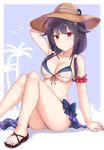  armband bikini black_hair breasts cai_geng feet front-tie_top hair_flaps hand_behind_head hat highres kantai_collection large_breasts long_hair low_twintails red_eyes sandals sarong sitting smile solo sun_hat swimsuit taigei_(kantai_collection) twintails underboob 