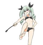  anchovy barefoot blush breasts drill_hair feet girls_und_panzer green_hair grin hair_ribbon hand_on_hip highres hiroyuki leg_up long_hair looking_at_viewer navel ribbon riding_crop small_breasts smile solo twin_drills twintails white_background 