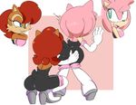  2014 amy_rose anthro blue_eyes blush breasts brown_fur butt chipmunk clothing cloudz cosplay crouching duo female female/female fur green_eyes grin hair happy hedgehog looking_at_viewer mammal pink_fur pink_hair red_hair rodent rouge_the_bat sally_acorn smile sonic_(series) teeth video_games 