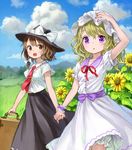  :o alternate_costume ama-tou bag black_skirt blonde_hair bloomers blue_sky blush bow brown_eyes brown_hair cloud cloudy_sky day dress flower hair_bow hat hat_bow holding_hands long_skirt maribel_hearn mob_cap multiple_girls necktie open_mouth outdoors purple_eyes red_neckwear red_ribbon ribbon shirt short_hair short_sleeves skirt sky smile summer sundress sunflower touhou tree underwear usami_renko white_bow white_dress white_shirt wrist_cuffs 