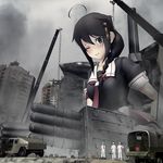  3boys 3d blush breasts destruction giantess highres kantai_collection medium_breasts mikumikudance military military_uniform military_vehicle multiple_boys naval_uniform one_eye_closed ponytail remodel_(kantai_collection) shigure_(kantai_collection) sierra_(ws) uniform 