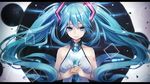  aqua_eyes aqua_hair bare_shoulders floating_hair flower hatsune_miku letterboxed long_hair necktie ootsuga_(cccclaw) solo tattoo twintails very_long_hair vocaloid 