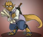  anthro backpack clothed clothing disgracefull eyewear female footwear glasses kobold looking_at_viewer nervous sandals scales scalie screwdriver scroll solo tools yellow_eyes yellow_scales 