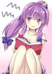  aki_chimaki alternate_hairstyle annoyed bare_shoulders blue_bow blush book bow breasts cleavage collarbone commentary_request crescent crescent_hair_ornament dress hair_bow hair_ornament holding holding_book knees_together_feet_apart looking_away medium_breasts open_book parted_lips patchouli_knowledge ponytail purple_eyes purple_hair red_bow sidelocks solo star star_hair_ornament strap_slip striped sweat touhou vertical-striped_dress vertical_stripes 