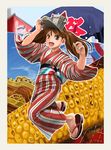  :d abazu-red brown_eyes brown_hair commentary_request corn festival highres japanese_clothes kantai_collection kimono long_hair looking_at_viewer open_mouth ryuujou_(kantai_collection) shrine smile solo striped twintails vertical-striped_kimono vertical_stripes visor_cap yukata 