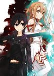  1girl asuna_(sao) black_eyes black_hair breastplate brown_eyes brown_hair detached_sleeves dual_wielding fingerless_gloves gloves holding jianmo_sl kirito long_hair short_hair sword sword_art_online thighhighs weapon 