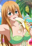  aqua_eyes banana beach bikini breasts brown_hair cleavage collarbone day fang food fruit green_bikini hair_between_eyes ikkitousen large_breasts long_hair looking_at_viewer open_mouth outdoors shiny shiny_skin sideboob solo sonsaku_hakufu swimsuit 