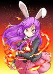  animal_ears blazer breathing_fire bunny_ears cookie_(touhou) fire highres hisui_(cookie) jacket long_hair necktie parted_lips pink_skirt purple_hair red_eyes reisen_udongein_inaba skirt solo torii5011 touhou 