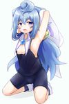  1boy armpit arms_behind_head blue_eyes blue_hair child eyebrows eyebrows_visible_through_hair hacka_doll hacka_doll_3 long_hair looking_at_viewer nemokakkoii open_mouth simple_background solo trap 