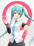  2016 aqua_eyes aqua_hair dated detached_sleeves happy_birthday hatsune_miku headphones highres jenson_tw long_hair looking_at_viewer necktie open_mouth outstretched_arm smile solo twintails very_long_hair vocaloid 