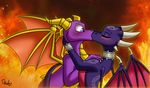  2016 blush cynder dragon drako1997 duo eyes_closed female fire hi_res horn kissing male male/female markings membranous_wings purple_eyes purple_scales scales scalie spyro spyro_the_dragon video_games wings 