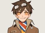  bandaid bandaid_on_cheek bandaid_on_face bandana bangs bjmaki bomber_jacket brown_hair brown_jacket character_name commentary freckles goggles goggles_on_head grin hair_between_eyes jacket looking_at_viewer open_clothes open_jacket overwatch short_hair simple_background smile solo spiked_hair tracer_(overwatch) track_jacket union_jack upper_body yellow_eyes younger 