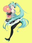  2016 ahoge aqua_eyes aqua_hair artist_name black_footwear black_legwear boots dated detached_sleeves from_side full_body happy_birthday hatsune_miku headphones high_heels highres koyubi_right long_hair looking_at_viewer simple_background skirt solo thigh_boots thighhighs twintails very_long_hair vocaloid yellow_background 