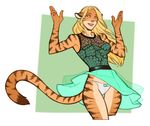  anthro armpits blonde_hair blue_eyes clothing crevia_bakeneko dress feline female hair huntarian mammal solo tiger underwear 