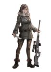  1girl :o absurdres belt_pouch black_footwear brown_legwear coat full_body fur_trim green_coat green_eyes gun highres holding holding_knife knife long_sleeves looking_at_viewer pouch shoes short_hair simple_background snow7a solo standing thigh_pouch torn_clothes torn_legwear weapon white_background 