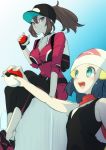  2girls arm_up backpack bag bare_shoulders baseball_cap beanie black_gloves black_hat black_shirt blue_background blue_eyes blue_hair blush breasts brown_hair chorimokki cleavage closed_mouth collarbone creatures_(company) eye_contact female female_protagonist_(pokemon_go) fingerless_gloves flat_chest game_freak gloves gradient gradient_background hair_ornament hairclip hand_up happy hat hikari_(pokemon) holding holding_poke_ball leggings looking_at_another looking_down looking_up medium_breasts multiple_girls nintendo open_mouth outstretched_arm pink_eyes poke_ball poke_ball_(generic) poke_ball_theme pokemon pokemon_(game) pokemon_dppt pokemon_go ponytail red_footwear red_scarf red_shirt red_shorts scarf shirt shoes short_shorts shorts simple_background sitting sleeveless sleeveless_shirt smile standing tied_hair upper_body white_hat 