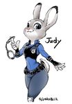  anthro blue_eyes breasts clothing disney female flat_chested fur grey_fur handcuffs judy_hopps jyoka lagomorph looking_at_viewer mammal police_uniform rabbit shackles simple_background small_breasts solo uniform white_background white_fur zootopia 