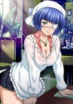  black_skirt blue_hair breasts cleavage collarbone eyebrows eyebrows_visible_through_hair eyepatch green_eyes ikkitousen indoors jewelry large_breasts leaning_forward looking_at_viewer medical_eyepatch mole mole_under_mouth necklace pleated_skirt ryomou_shimei short_hair skirt smile solo 