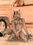  animal_genitalia anthro black_fur bossman1969 canine car dick_grab fur kneeling knot looking_at_veiwer mammal on_floor penis presenting red_penis red_rocket smoking traditional_media_(artwork) vehicle wolf 