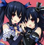  :d black_hair blue_ribbon blush bow breasts bridal_gauntlets choujigen_game_neptune_mk2 cleavage detached_collar eyebrows eyebrows_visible_through_hair hair_ornament hair_ribbon hands_together holding_hands long_hair looking_at_viewer medium_breasts multiple_girls neptune_(series) noire official_art open_mouth pink_background puffy_sleeves red_eyes ribbon siblings simple_background sisters smile tsunako twintails two_side_up uni_(choujigen_game_neptune) upper_body v-shaped_eyebrows wing_collar 