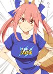  :&gt; animal_ears blush_stickers breasts casual collarbone fate/extra fate/grand_order fate_(series) fox_ears fox_tail hands_on_hips kurikara large_breasts looking_at_viewer pink_hair smile solo tail tamamo_(fate)_(all) tamamo_no_mae_(fate) yellow_eyes 
