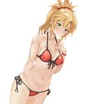  bikini blonde_hair blush cum cum_on_body cum_on_upper_body dutch_angle fate/apocrypha fate/grand_order fate_(series) front-tie_top green_eyes highres looking_at_viewer mordred_(fate)_(all) mordred_(swimsuit_rider)_(fate) navel ponytail red_bikini shiny shiny_skin side-tie_bikini simple_background smile solo swimsuit tokopi white_background 