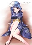  ;d bare_legs blue_eyes blue_hair breasts commentary_request double_bun ears_visible_through_hair eyebrows eyebrows_visible_through_hair fox_mask japanese_clothes kantai_collection kimono large_breasts long_legs looking_at_viewer mask mikage_takashi obi one_eye_closed open_mouth sandals sash smile solo tripping twitter_username urakaze_(kantai_collection) yukata 