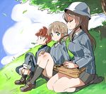 aki_(girls_und_panzer) ankle_boots arm_support blue_shirt blue_sky boots breasts brown_footwear brown_hair closed_eyes cloud day dress_shirt girls_und_panzer grass green_eyes grey_legwear grey_skirt hair_between_eyes hair_tie hand_on_own_knee hat hibimegane hill instrument kantele keizoku_military_uniform keizoku_school_uniform leaf light_brown_hair loafers long_hair long_sleeves looking_at_another medium_breasts mika_(girls_und_panzer) mikko_(girls_und_panzer) military military_uniform miniskirt multiple_girls music no_shoes outdoors panties pants pants_rolled_up pantyshot pantyshot_(sitting) playing_instrument pleated_skirt red_eyes red_hair school_uniform seiza shirt shoes short_hair short_twintails sitting skirt sky smile socks striped striped_shirt track_pants track_suit tree twintails underwear uniform upskirt vertical-striped_shirt vertical_stripes white_panties white_shirt wind 