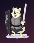  2016 armor blush canine dog lesser_dog male mammal melee_weapon shield sibsy smile solo sword tongue tongue_out undertale video_games weapon 