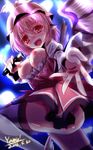  2016 :d animal_ears arm_garter bird_wings blush breasts breasts_outside commentary_request dated dress foreshortening grey_legwear hat juliet_sleeves long_sleeves looking_at_viewer medium_breasts microphone mob_cap music mystia_lorelei nipples nose_blush open_mouth pink_dress pink_hair puffy_sleeves pussy_juice reaching_out red_eyes short_hair signature singing smile solo suggestive_fluid sweat thighhighs touhou wings yamu_(reverse_noise) 