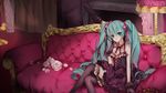  aqua_eyes aqua_hair commentary_request couch cross-laced_clothes crossed_legs dress fishnet_gloves fishnet_legwear fishnets flower gloves hair_between_eyes hair_ribbon hatsune_miku highres long_hair looking_at_viewer marchen_noir petals pink_flower pink_rose ribbon rose sitting solo thighhighs twintails very_long_hair vocaloid 