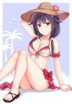  armband bikini black_hair cai_geng flower hair_flaps hat highres kantai_collection long_hair low_twintails red_eyes ryuuhou_(kantai_collection) sarong sitting smile sun_hat swimsuit taigei_(kantai_collection) twintails 