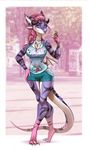  3_toes 5_fingers breasts clothed clothing curved_horn dessert english_text female food hair horn hybrid ice_cream pink_eyes pink_hair purple_skin ridged_horn slim solo sorafoxyteils standing striped_skin stripes text toes wide_hips 