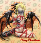  armor arms_behind_back artist_request bdsm blonde_hair bondage breasts christmas collarbone deathwing dragon erect_nipples eyebrows eyebrows_visible_through_hair horns long_hair looking_at_viewer midriff navel red_ribbon ribbon small_breasts tail tears underboob warcraft wings world_of_warcraft yellow_eyes 