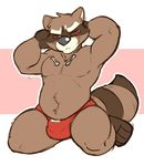 anthro armpits barefoot bulge clothing flat_colors guardians_of_the_galaxy kneeling looking_at_viewer male mammal marvel naughty_face pecs pinup pose rabidraccoon raccoon raised_arm rocket_raccoon slightly_chubby solo spread_legs spreading thong 