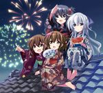  akatsuki_(kantai_collection) all_fours alternate_costume alternate_hairstyle barefoot black_eyes black_hair blue_eyes brown_eyes brown_hair fan fireworks folded_ponytail food fruit hibiki_(kantai_collection) highres hizuki_yayoi ikazuchi_(kantai_collection) inazuma_(kantai_collection) japanese_clothes kantai_collection kimono long_hair multiple_girls night night_sky paper_fan pointing rooftop short_hair silver_hair sitting sitting_on_roof sky uchiwa watermelon yukata 