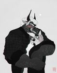  2016 anthro bovine canine cattle clothed clothing digital_media_(artwork) dog drunk duo eyes_closed grey_background hair hi_res horn hug larger_male licking licking_lips looking_at_viewer male mammal monochrome signature simple_background size_difference smaller_male tongue tongue_out vetrowolf 