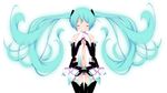  aqua_hair bare_shoulders bridal_gauntlets center_opening closed_eyes floating_hair hatsune_miku hatsune_miku_(append) highres long_hair navel necktie simple_background solo thighhighs very_long_hair vocaloid vocaloid_append yuzuki_kei 