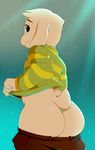  anthro asriel_dreemurr berseepon09 butt caprine clothed clothing clothing_lift cub goat looking_at_viewer looking_back mammal pants_down partially_clothed rear_view shirt shirt_lift standing sweater undertale video_games young 