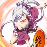  :d ahoge aqua_eyes asashimo_(kantai_collection) budget_sarashi collarbone commentary_request fan flat_chest futatsuki_hisame hair_over_one_eye hair_ribbon happi holding japanese_clothes kantai_collection long_hair looking_at_viewer open_mouth paper_fan ponytail ribbon sarashi silver_hair smile solo uchiwa 