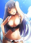  bikini blue_eyes blush breasts choker cleavage cloud cloudy_sky cross cross_necklace day fate/grand_order fate_(series) half-closed_eyes huge_breasts jewelry kurikara long_hair navel necklace purple_hair saint_martha saint_martha_(swimsuit_ruler)_(fate) sky smile solo swimsuit 