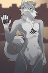  anthro canine ear_piercing fangs featureless_crotch fur hair kittentits looking_at_viewer male mammal navel nude piercing smile solo tattoo teeth 